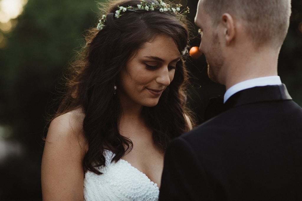 intimate moment with bride and groom
