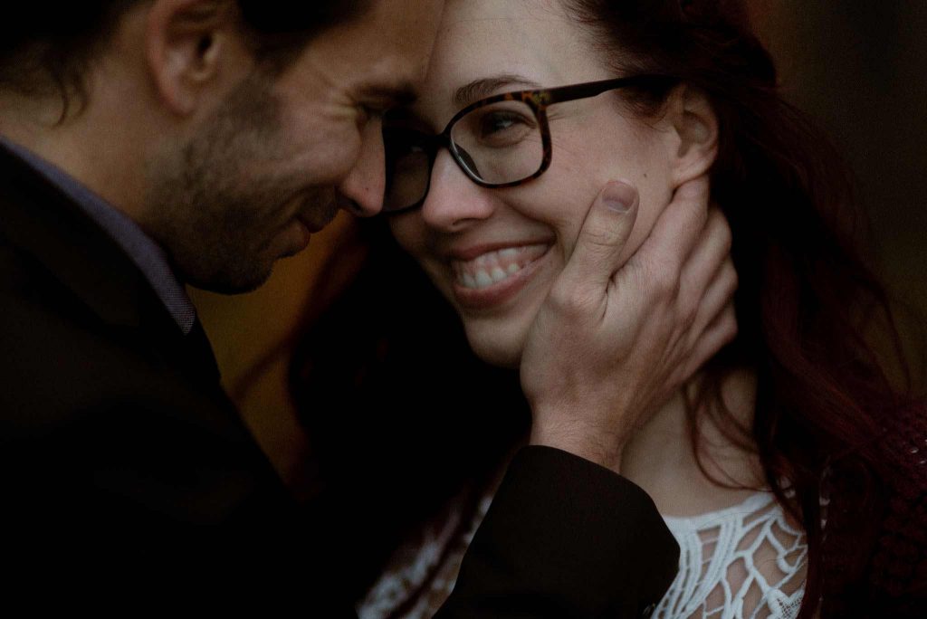 Intimate moment between bride and groom